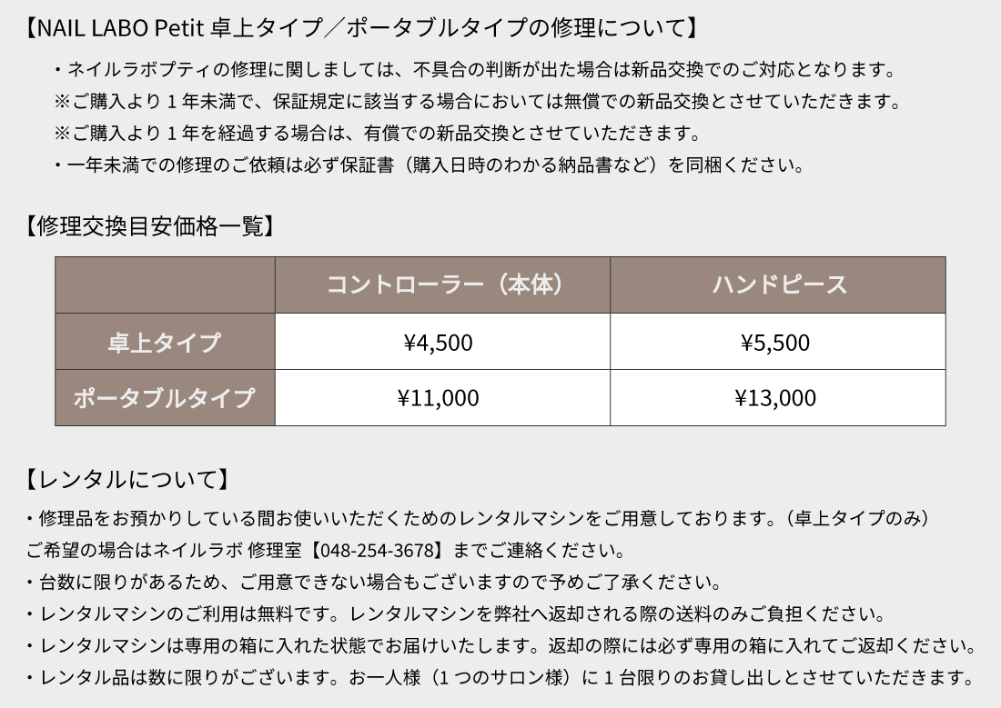 【NailLabo petitについて】ネイルラボプティの修理につきましては、不具合の判断が出た場合は新品交換でのご対応となります。修理交換の目安価格についてはネイルラボ修理室までお問い合わせください。【レンタルについて】修理品をお預かりしている間お使いいただくためのレンタルマシンをご用意しております。（卓上タイプのみ）ご希望の場合はネイルラボ修理室《048-254-3678》までご連絡ください。