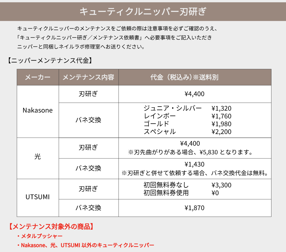 キューティクルニッパーのメンテナンスをご依頼の際は注意事項を必ずご確認のうえ、「キューティクルニッパー研ぎ／メンテナンス依頼書」へ必要事項をご記入いただき、ニッパーと同梱しネイルラボ修理室へお送りください。※メタルプッシャー、Nakasone・光・UTSUMI以外のキューてくるニッパーは対象外です。