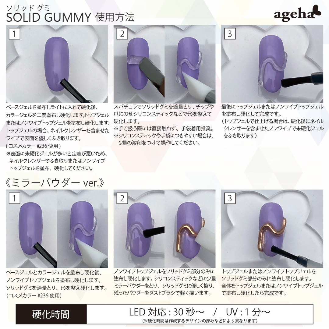 ソリッドグミ使用方法 【硬化時間】LED対応：30秒～/UV：1分～