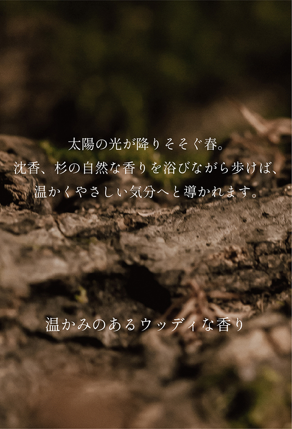 【温かみのあるウッディな香り】太陽の光が降りそそぐ春。沈香、杉の自然な香りを浴びながら歩けば、温かくやさしい気分へと導かれます。