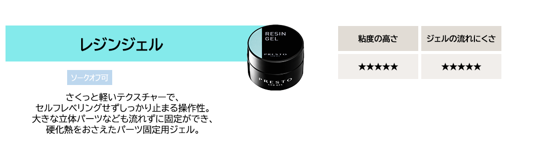 【レジンジェル】さくっと軽いテクスチャーで、セルフレベリングせずしっかり止まる操作性。大きな立体パーツなども流れずに固定ができ、硬化熱をおさえたパーツ固定用ジェル。